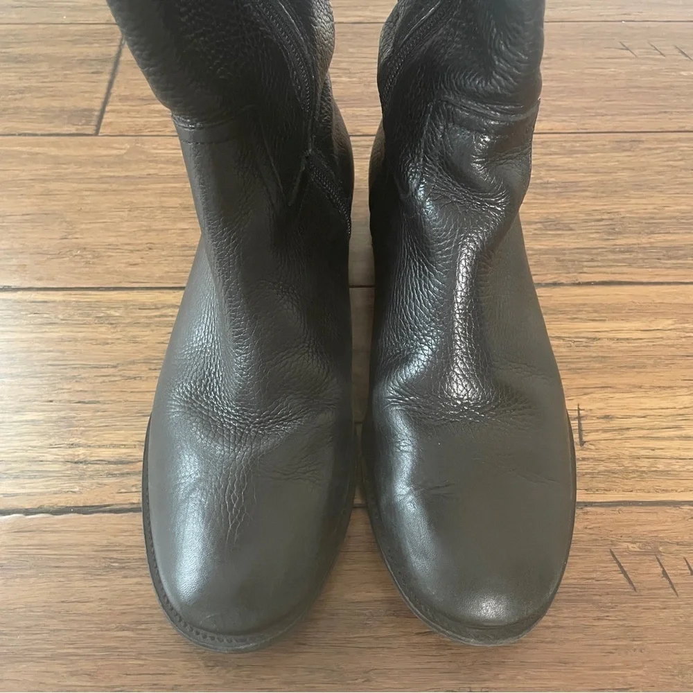 Tory Burch black grained leather riding boots zip up knee high boots vintage